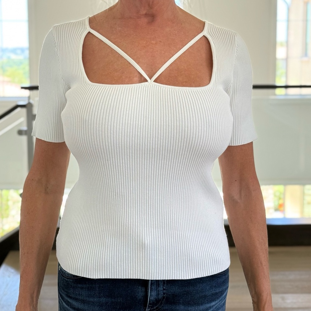 GREY LAB White Ribbed Cut-Out Blouse